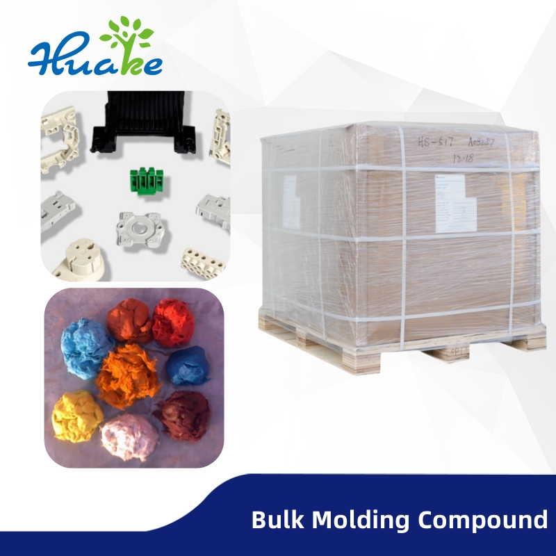 Huake’s official BMC image shows molding compound, industrial packaging, and representative molded components. Huake’s official BMC image shows molding compound, industrial packaging, and representative molded components.