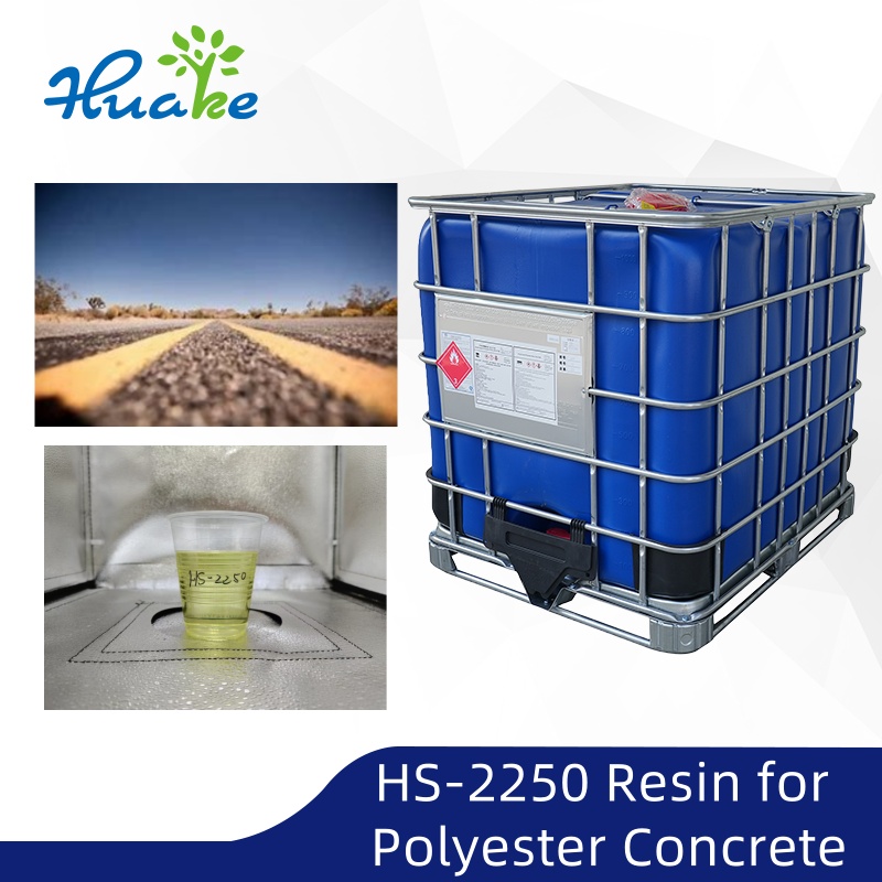 Huake’s official HS-2250 product image shows the resin, packaging, and a polyester concrete application. Huake’s official HS-2250 product image shows the resin, packaging, and a polyester concrete application.